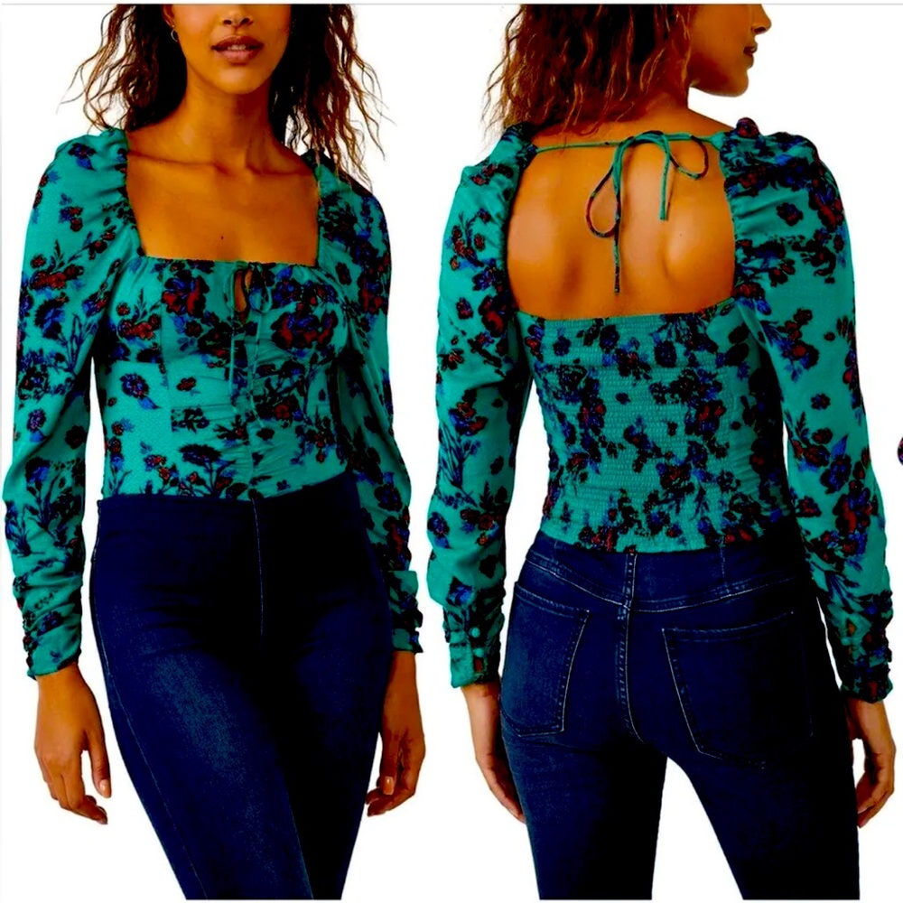 Free People Hilary Cropped Top NWT Dark Green w/floral Sz Med